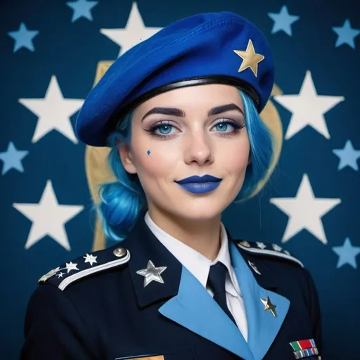 Prompt: 2010s, Italian female officer wearing a blue beret, blue lipstick, blue makeup including blue eyeshadow and blue blush, blue hair, blue eyebrows, blue eyes, colourised, blue uniform beret, full body shot, photography, blue hearts and stars soft smile.