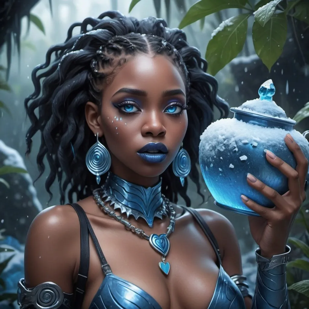 Prompt:  black woman holding a pot, blue lipstick, flooded snowy jungle, blue heart necklaces, blue kevlar armor, coughing face, blue spiral eyes, blue eyeshadow, long ice earrings. Cold color scheme, ultradetailed, 8k resolution, perfect, smooth, high quality, shiny. 