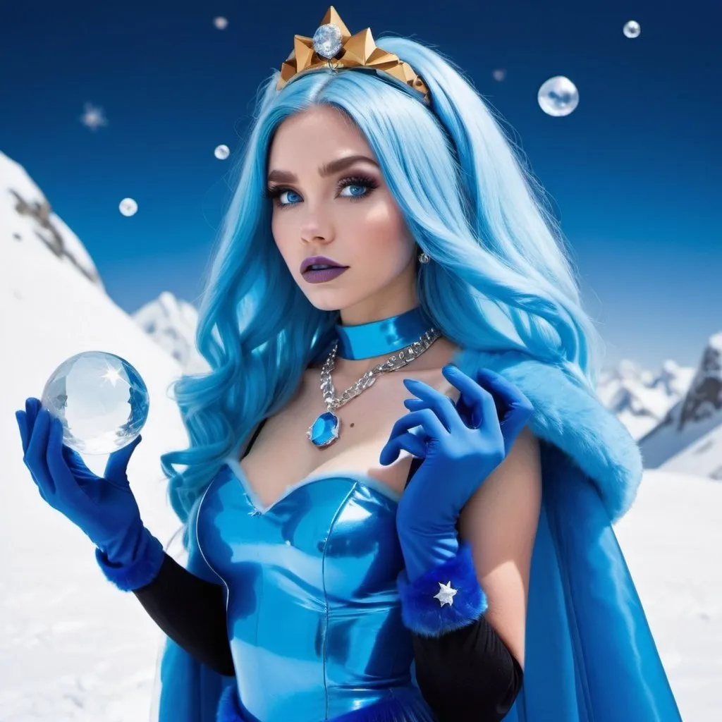 Prompt: kim possible, Heavy snow, Giant Blue Orb in Sky, Long Straight Blue hair, Ice crystal tiara, Thick bushy blue eyebrows, medium sized nose, plump diamond shape face,  Blue lipstick, ethereal blue eyes, Triangle Star earrings, soft ears, Large blue plastic chain around neck, Blue heart necklaces, blue candy shaped rings, Large blue fur coat with blue plastic gloves. Long Blue Skirt with moons.