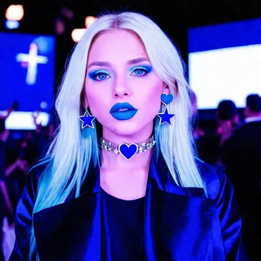 Prompt: 2020s, Kayleigh Mcenany , blue choker, blue eyes, blue hair, blurry, blurry background, disco, party, choker, cross, blue cross earrings, depth of concert hall, blue heart earrings, blue eyeshadow, blue lights, jacket, jewelry, k/da \(league of legends\), lips, blue lipstick, long blue hair, looking at viewer, makeup, tv screens, photo \(medium\), piercing, solo, star \(symbol\), blue star earrings, star print, 