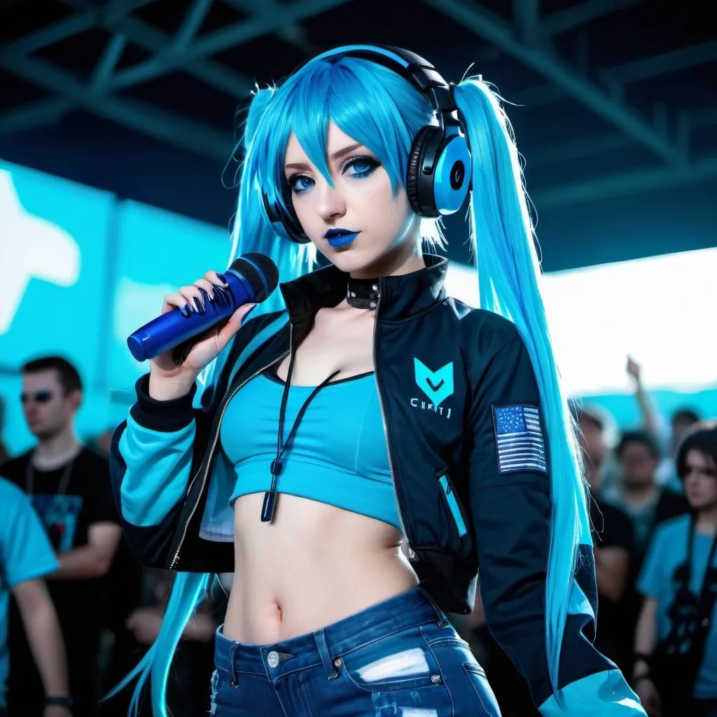 Prompt: Cyber goth hatsune miku, electronic dance, full body view, blue lipstick, blue eyes, blue eyeshadow, blue crop top, blue jacket, blue nails, blue hair, blue headphones, blue microphone, blue speakers, blue lights shining, political rally