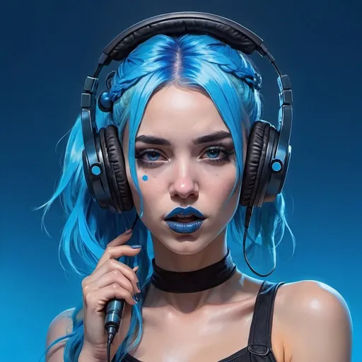 Prompt: a woman with blue hair and headphones on her face and a microphone in her hand, with a blue background, blue lipstick,  Artgerm, computer art, blue, cyberpunk art
