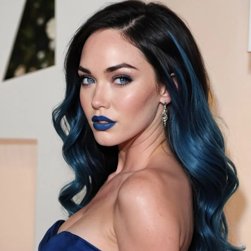 Prompt: Megan Fox with light blue hair, dark electric blue lipstick, blue eyes, blue makeup, blue eyeshadow, dark blue gown.