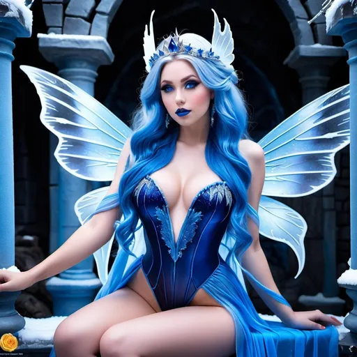 Prompt: Beautiful buxom Fairie princess with sky blue gossamer wings, age 18, intricate facial details, long blue hair, blue-eyed, heavy blue makeup, blue lipstick, prominent cheekbones, navy blue silk bodysuit, buxom figure:2.0, sitting in a ice castle, 8K photo, realistic full body shot, detailed features, professional, cold lighting