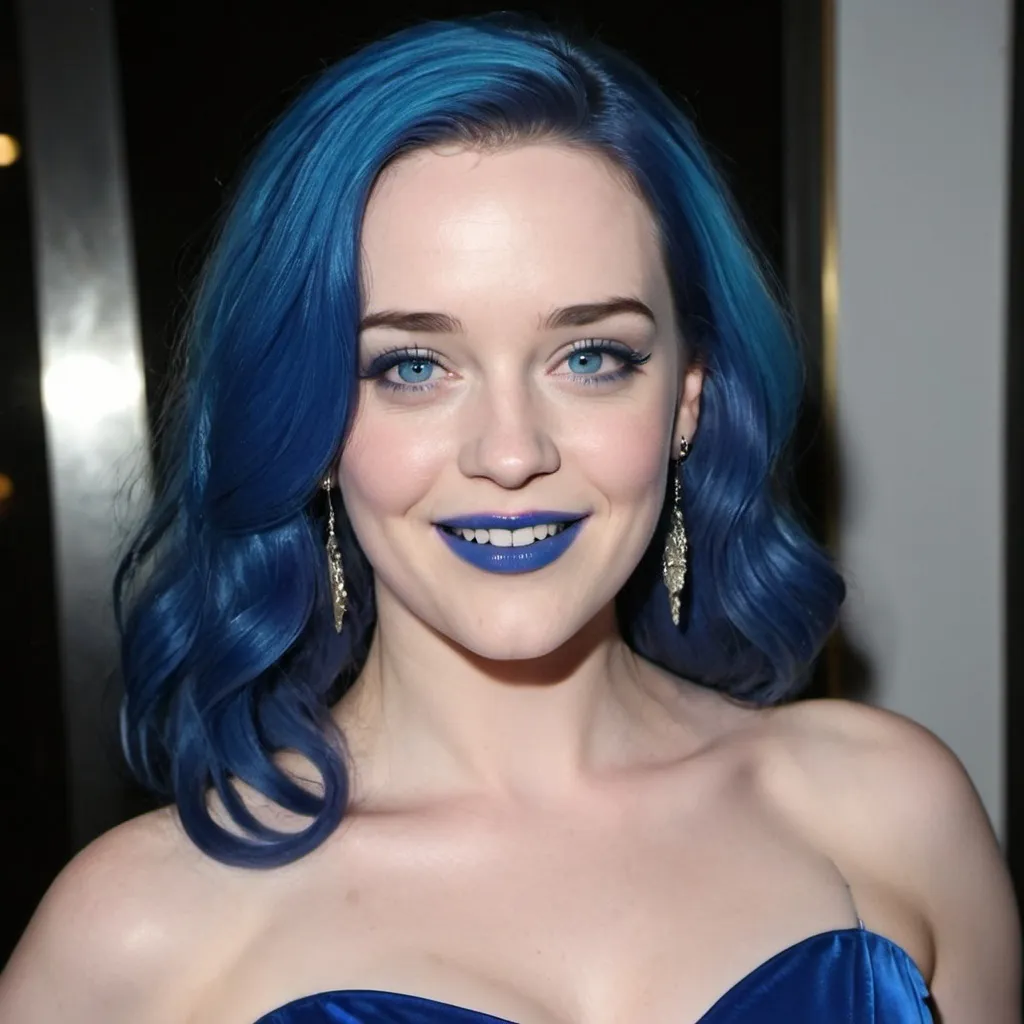 Prompt: Kat Denning's with blue mullet, blue eyes, flowing blue hair, smiling lips with blue lipstick, blue dress, blue makeup, blue eyeshadow.



