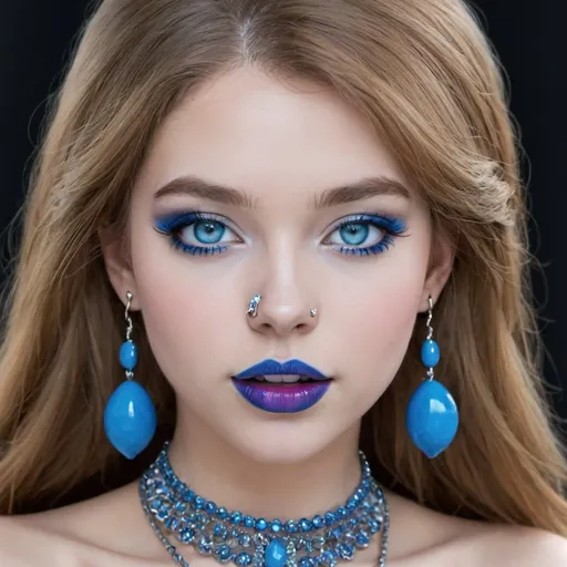 Prompt: 1girl, blue eyes, blue lips, blue skin,  colored skin, eyeshadow, jewelry, lips, lipstick, long hair, makeup, necklace, nose, solo, teeth