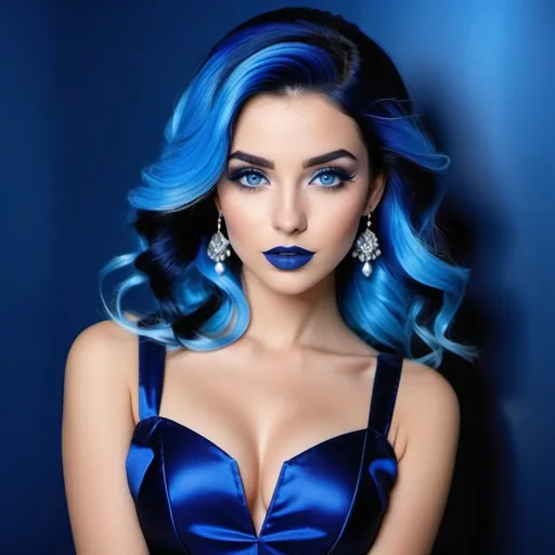 Prompt:  2 French women, blue makeup, blue lipstick, blue eyes, blue hair, blue eyebrows, blue blush, blue silk pattern dress, long dark blue skirt, blue finger nails. Photograph, realistic, any facial expression, full body.