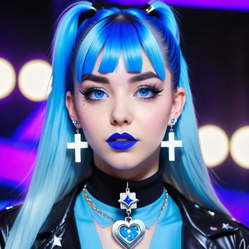 Prompt: 2020s, women, blue choker, blue eyes, blue hair, blurry, blurry background, disco, party, choker, cross, blue cross earrings, depth of concert hall, blue heart earrings, blue eyeshadow, blue lights, jacket, jewelry, k/da \(league of legends\), lips, blue lipstick, long blue hair, looking at viewer, makeup, tv screens, photo \(medium\), piercing, solo, star \(symbol\), blue star earrings, star print