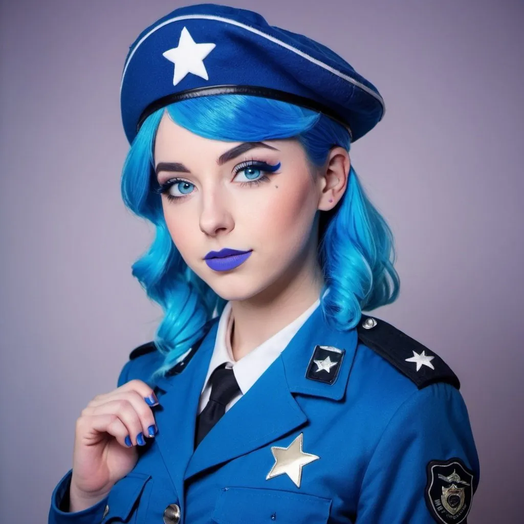 Prompt: 2010s, Ldshadowlady as a female officer wearing a blue beret, blue lipstick, blue makeup including blue eyeshadow and blue blush, blue hair, blue eyebrows, blue eyes, colourised, blue uniform beret, full body shot, photography, blue hearts and stars soft smile.