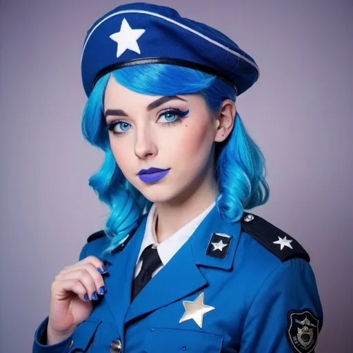 Prompt: 2010s, Ldshadowlady as a female officer wearing a blue beret, blue lipstick, blue makeup including blue eyeshadow and blue blush, blue hair, blue eyebrows, blue eyes, colourised, blue uniform beret, full body shot, photography, blue hearts and stars soft smile.