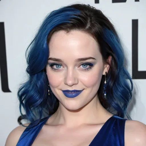 Prompt: Kat Denning's with blue mullet, blue eyes, flowing blue hair, smiling lips with blue lipstick, blue dress, blue makeup, blue eyeshadow.



