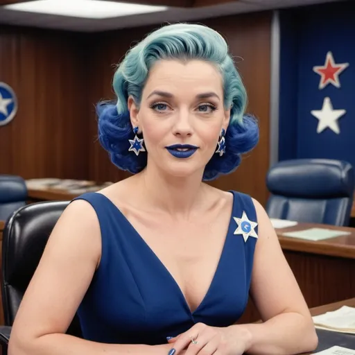 Prompt: 1950s, 35 year old white woman, news caster, in news room, blue lipstick, blue hair, Puffy face, slight smile, long ice nails, blue earrings, dark blue gown, blue Star Patch,  