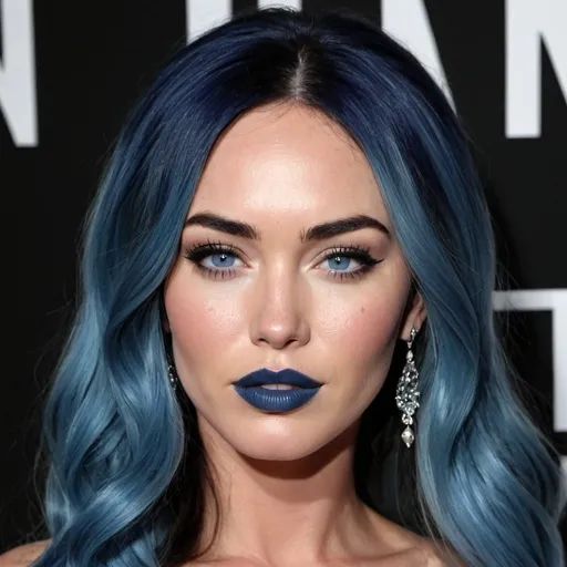 Prompt: Megan Fox with light blue hair, dark blue lipstick, blue eyes, blue makeup, blue eyeshadow, dark blue gown.