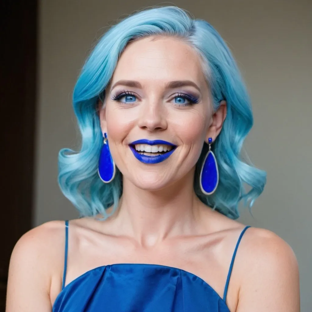 Prompt: Jacqui Heinrich with blue earrings, blue eyes, flowing blue hair, smiling lips with blue lipstick, blue dress, blue makeup, blue eyeshadow. Making a speech



