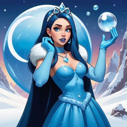 Prompt: kim possible, Heavy snow, Giant Blue Orb in Sky, Long Straight Blue hair, Ice crystal tiara, Thick bushy blue eyebrows, medium sized nose, plump diamond shape face,  Blue lipstick, ethereal blue eyes, Triangle Star earrings, soft ears, Large blue plastic chain around neck, Blue heart necklaces, blue candy shaped rings, Large blue fur coat with blue plastic gloves. Long Blue Skirt with moons.