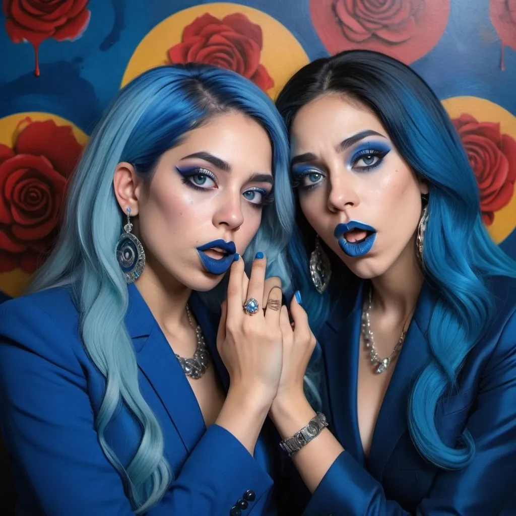 Prompt: a picture of 2 hispanic women with long blue hair, posing together large blue eyes wearing blue suits, blue eyeshadow, and blue lipstick coughing at the camera, blue makeup, jewerly on hands, Artgerm, fantasy art, realistic shaded perfect blue face, a detailed painting, Obey screens background, 30 years old, blue lipstick 