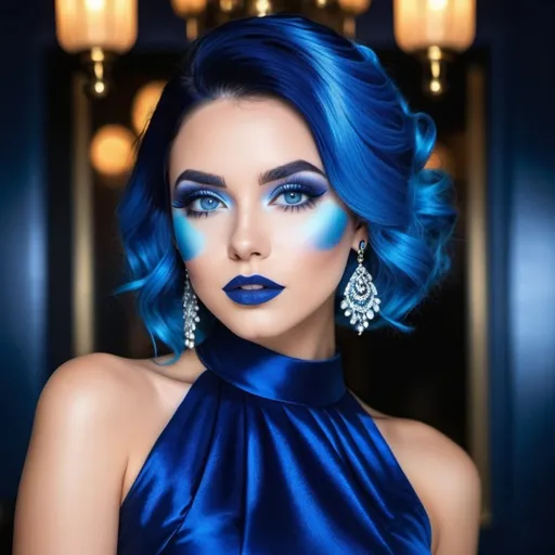 Prompt:  A woman, blue makeup, blue lipstick, blue eyes, blue hair, blue eyebrows, blue blush, blue silk pattern dress, long dark blue skirt, blue finger nails. Photograph, realistic, any facial expression.