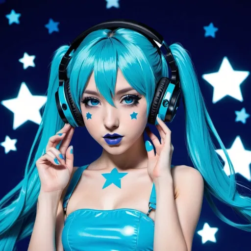 Prompt: 2010s, hatsune miku as a female popstar wearing a blue headphones, blue lipstick, glossy lips, blue makeup including blue eyeshadow and blue blush, blue hair, blue eyebrows, blue eyes, colourised, blue crop top, full body shot, photography, blue hearts and stars, euphoric.