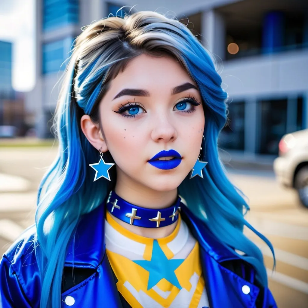 Prompt: Pokimane, blue choker, blue eyes, blue hair, blurry, blurry background, building, car, choker, cross, blue cross earrings, depth of field, blue heart earrings, blue eyeshadow, ground vehicle, jacket, jewelry, k/da \(league of legends\), lips, blue lipstick, long blue hair, looking at viewer, makeup, motor vehicle, photo \(medium\), piercing, solo, star \(symbol\), blue star earrings, star print