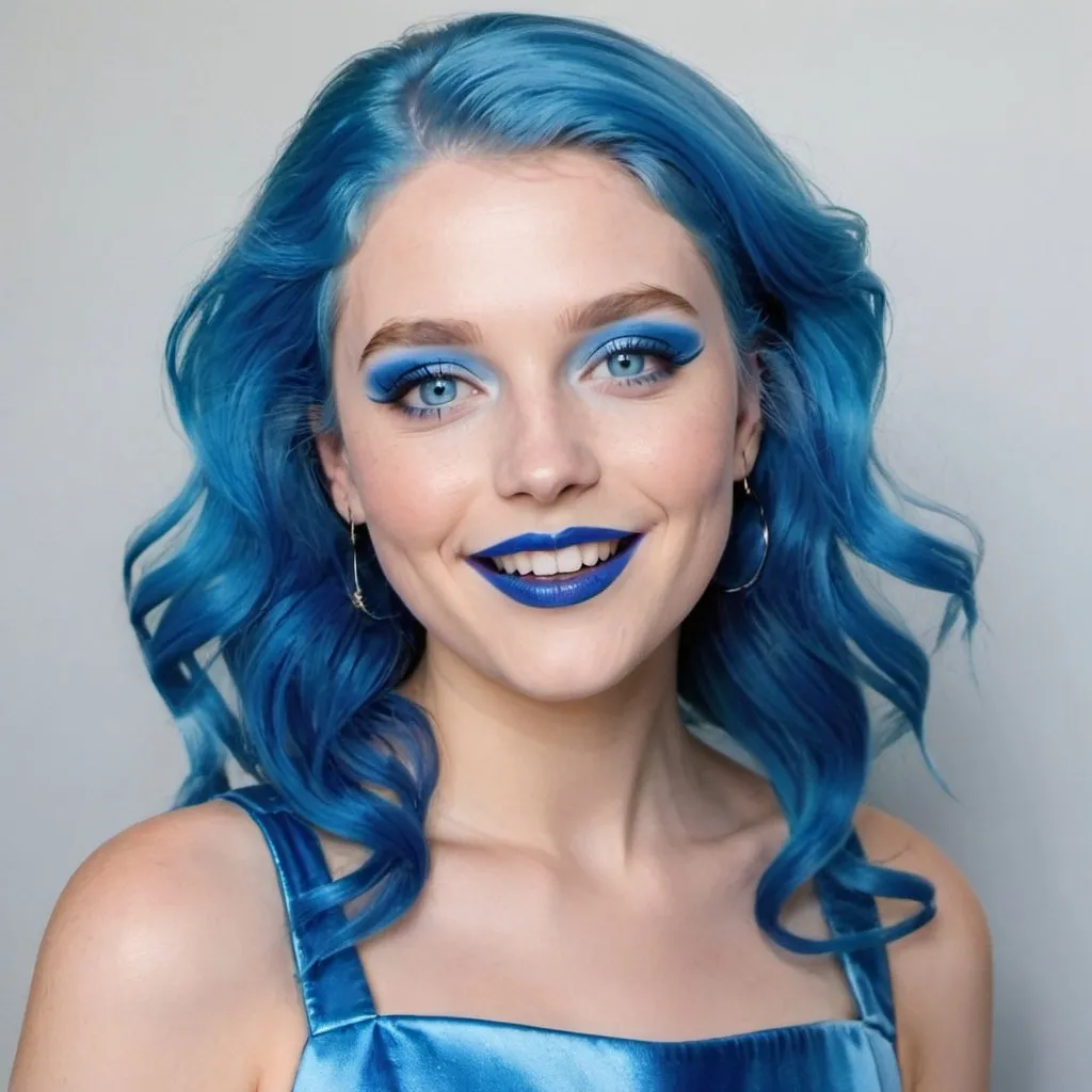 Prompt: Madeleine petsch with blue mullet, blue eyes, flowing blue hair, smiling lips with blue lipstick, blue dress, blue makeup, blue eyeshadow.



