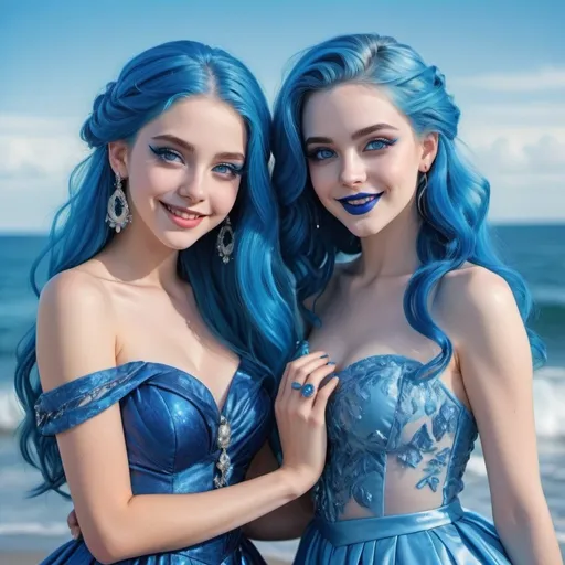 Prompt: a picture of 2 women with long blue hair, posing together large blue eyes wearing blue dresses, blue eyeshadow, and blue lipstick smiling at the camera, blue makeup, jewerly on hands, Artgerm, fantasy art, realistic shaded perfect blue face, a detailed painting, icy sea background, 18 years old, blue lipstick 