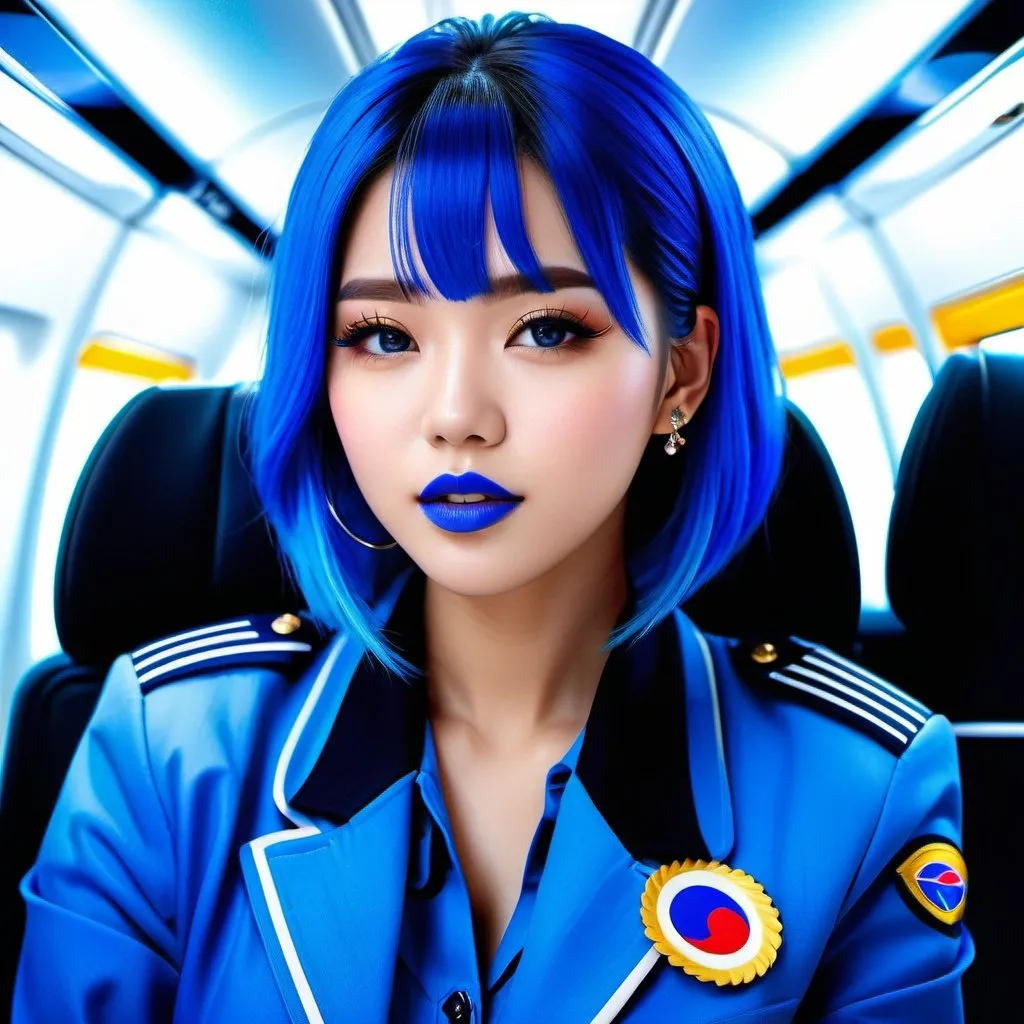 Prompt: Full body image of beautiful girl with blue lipstick highly detailed blue hair and with cute face, korean idol, she is a flight attendant wearing blue flight jacket, in plane serving food, perfect composition, perfect body shape, hyperrealistic, super detailed, 8k, blue makeup, blue eyeshadow, blue lipstick, high quality, trending art, trending on artstation, sharp focus, studio photo, intricate details, highly detailed, by greg rutkowski