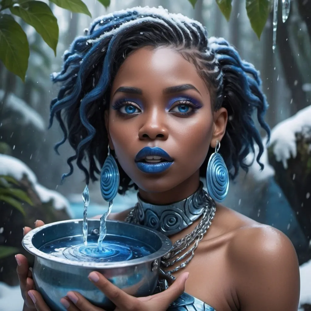 Prompt:  black woman holding a pot, blue lipstick, flooded snowy jungle, blue heart necklaces, blue kevlar armor, coughing face, blue spiral eyes, blue eyeshadow, long ice earrings. Cold color scheme, ultradetailed, 8k resolution, perfect, smooth, high quality, shiny. 