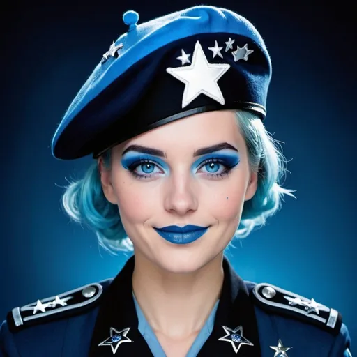Prompt: 2010s, German female officer wearing a blue beret, blue lipstick, blue makeup including blue eyeshadow and blue blush, blue hair, blue eyebrows, blue eyes, colourised, blue uniform beret, full body shot, photography, blue hearts and stars soft smile.