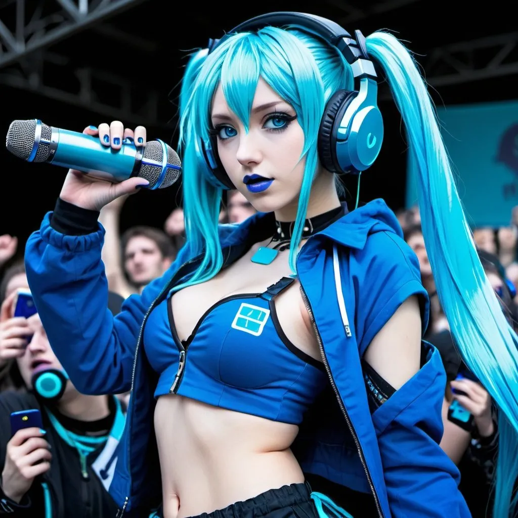 Prompt: Cyber goth hatsune miku, electronic dance, full body view, blue lipstick, blue eyes, blue eyeshadow, blue crop top, blue jacket, blue nails, blue hair, blue headphones, blue microphone, blue speakers, blue lights shining, political rally