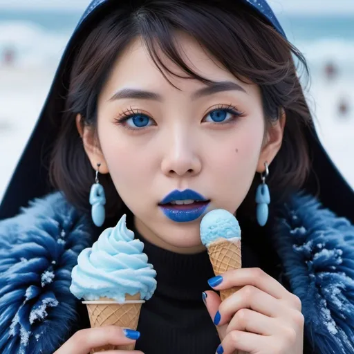 Prompt: Japanese woman eating candy ice cream, blue lipstick, snowy beach, blue heart necklaces, Thick blue fur coat, Black Cape, pleasant face, blue spiral eyes, blue eyeshadow, long ice earrings. Cold color scheme, ultradetailed, 8k resolution, perfect, smooth, high quality, shiny. 