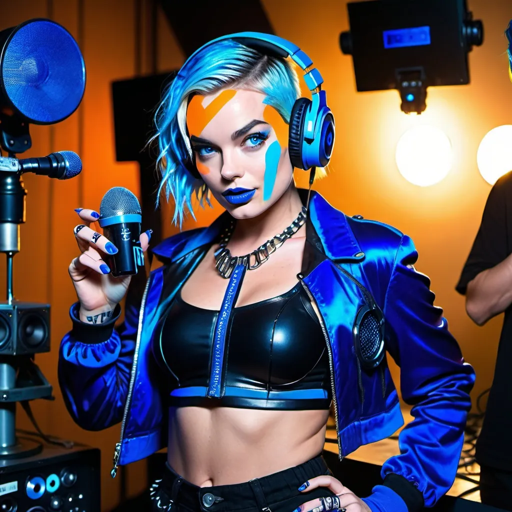 Prompt: Cyber goth Margot Robbie, electronic dance, full body view, blue lipstick, blue eyes, blue eyeshadow, blue crop top, blue jacket, blue nails, blue hair, blue headphones, blue microphone, blue speakers, blue lights shining, media studio with cameras pointed at her, full lips, Checkmark on her crop top