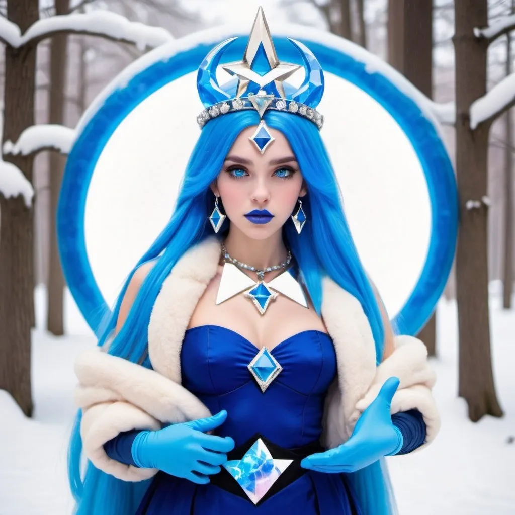 Prompt: Blue zelda, Heavy snow, Giant Blue Orb in Sky, Long Straight Blue hair, Ice crystal tiara, Thick bushy blue eyebrows, medium sized nose, plump diamond shape face,  Blue lipstick, ethereal blue eyes, blue Triangle Star earrings, soft ears, Large blue plastic chain around neck, Blue heart necklaces, blue candy shaped rings, Large blue fur coat with blue plastic gloves. Long Blue Skirt with moons.