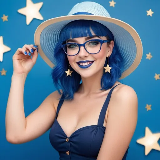 Prompt: 2010s,  women wearing blue sun hat, blue lipstick, blue makeup including blue eyeshadow and blue blush, blue hair, blue eyebrows, blue glasses, blue eyes, colourised, blue skirts, blue nails, full body shot, photography, blue hearts and stars earrings, smile.
