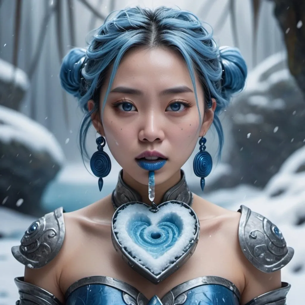 Prompt: Chinese woman holding a pot, blue lipstick, flooded snowy jungle, blue heart necklaces, blue kevlar armor, coughing face, blue spiral eyes, blue eyeshadow, long ice earrings. Cold color scheme, ultradetailed, 8k resolution, perfect, smooth, high quality, shiny. 