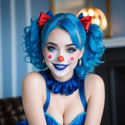 Prompt: Blue Lolita clown, smiling, blue hair, spandex bodysuit, blue lipstick, blue eyes.