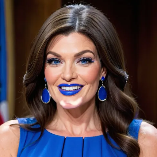 Prompt: Kimberly Guilfoyle with blue earrings, blue eyes, flowing blue hair, smiling lips with blue lipstick, blue dress, blue makeup, blue eyeshadow. Making a speech



