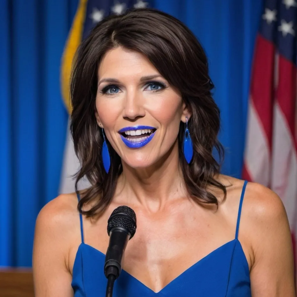 Prompt: Kristi Noem with blue mullet, blue eyes, flowing blue hair, smiling lips with blue lipstick, blue dress, blue makeup, blue eyeshadow. Making a speech



