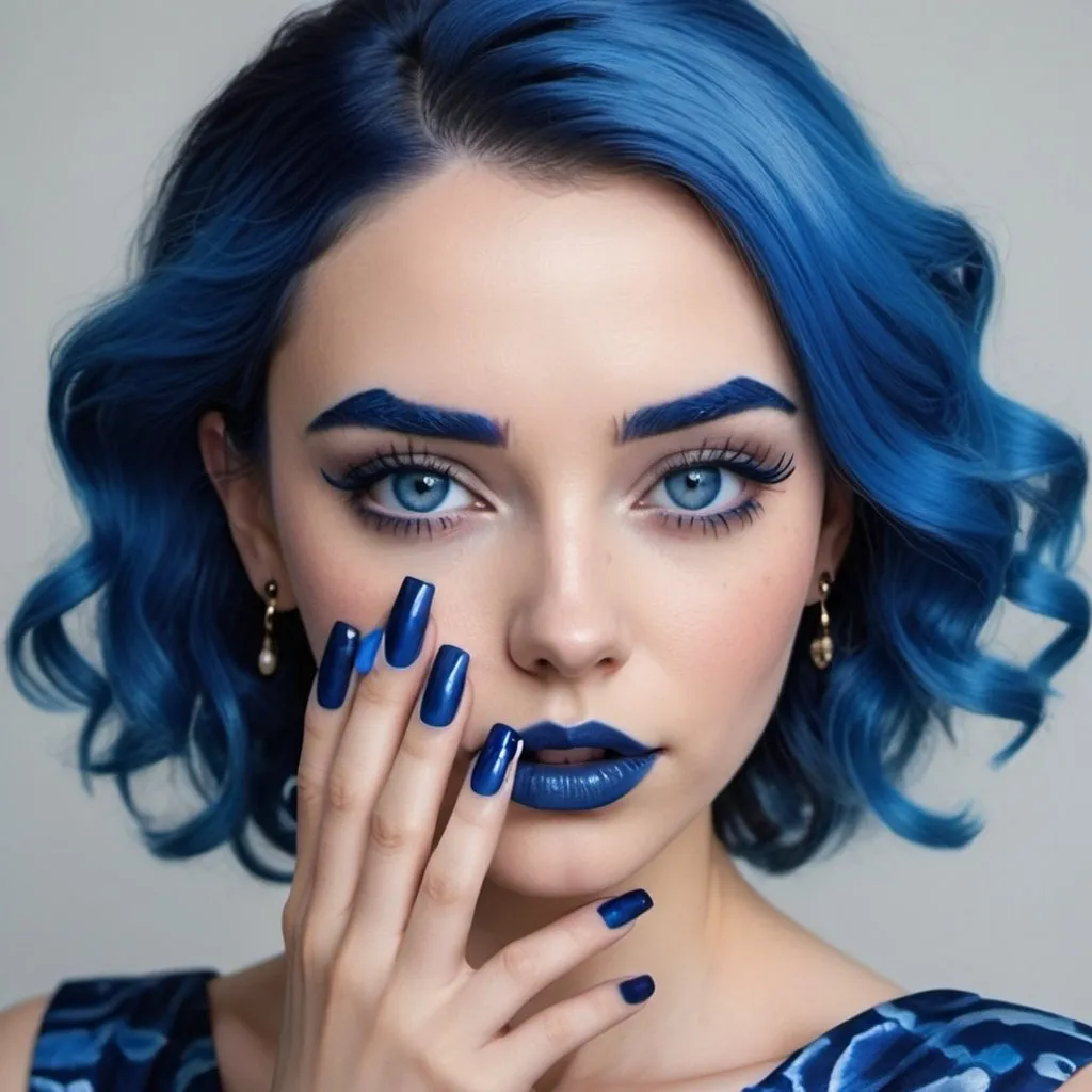 Prompt: 2020s, A woman, blue makeup, blue lipstick, blue eyes, blue hair, blue eyebrows, blue blush, blue silk pattern dress, long dark blue skirt, blue finger nails. Photograph, realistic. 