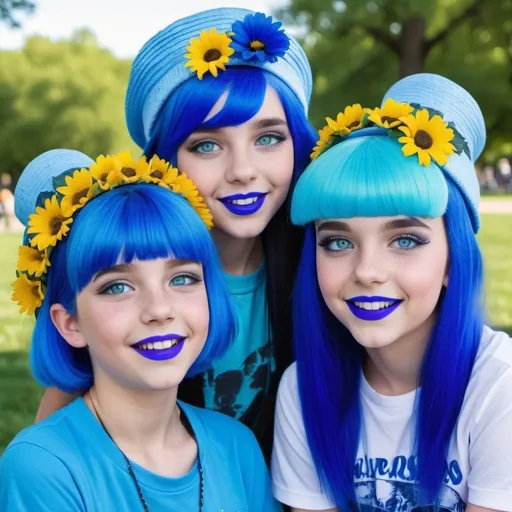 Prompt: 14 year old girls at a park, blue hair, blue lipstick, blue eyes, blue makeup, blue clothes, blue flower hats. Happy face.