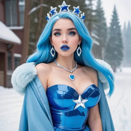 Prompt: kim possible, Heavy snow, Clouds in Sky, Long Straight Blue hair, Ice crystal tiara, Thick bushy blue eyebrows, medium sized nose, plump diamond shape face,  Blue lipstick, ethereal blue eyes, blue makeup, Triangle Star earrings, soft ears, Large blue plastic chain around neck, Blue heart necklaces, blue candy shaped rings, Large blue fur coat with blue plastic gloves. Long Blue Skirt. Plump chest, bigbreast