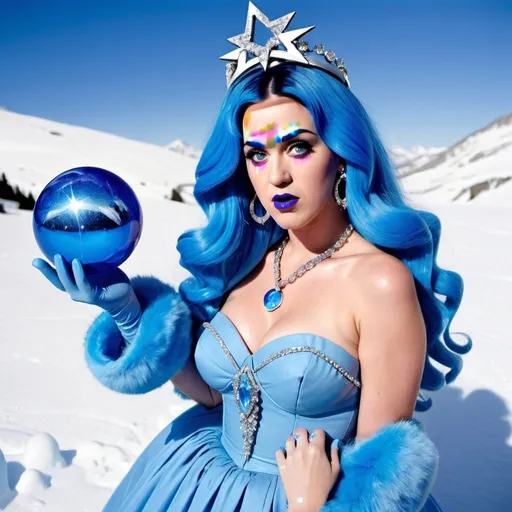 Prompt: Katy perry, Heavy snow, Giant Blue Orb in Sky, Long Straight Blue hair, Ice crystal tiara, Thick bushy blue eyebrows, medium sized nose, plump diamond shape face,  Blue lipstick, ethereal blue eyes, blue Triangle Star earrings, soft ears, Large blue plastic chain around neck, Blue heart necklaces, blue candy shaped rings, Large blue fur coat with blue plastic gloves. Long Blue Skirt with moons.