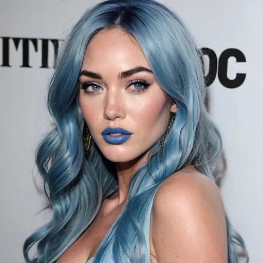 Prompt: Megan Fox with light blue hair, blue lipstick, blue eyes, blue makeup, blue eyeshadow.