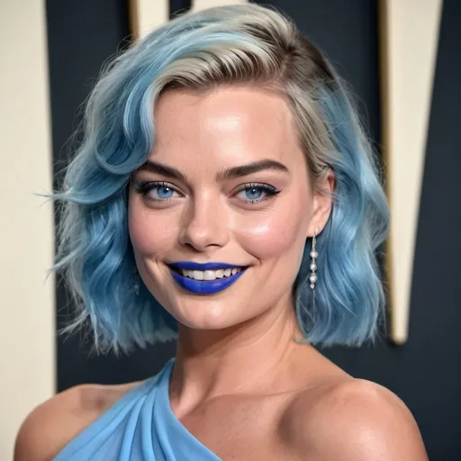 Prompt: Margot Robbie with blue mullet, blue eyes, flowing blue hair, smiling lips with blue lipstick, blue dress, blue makeup, blue eyeshadow.



