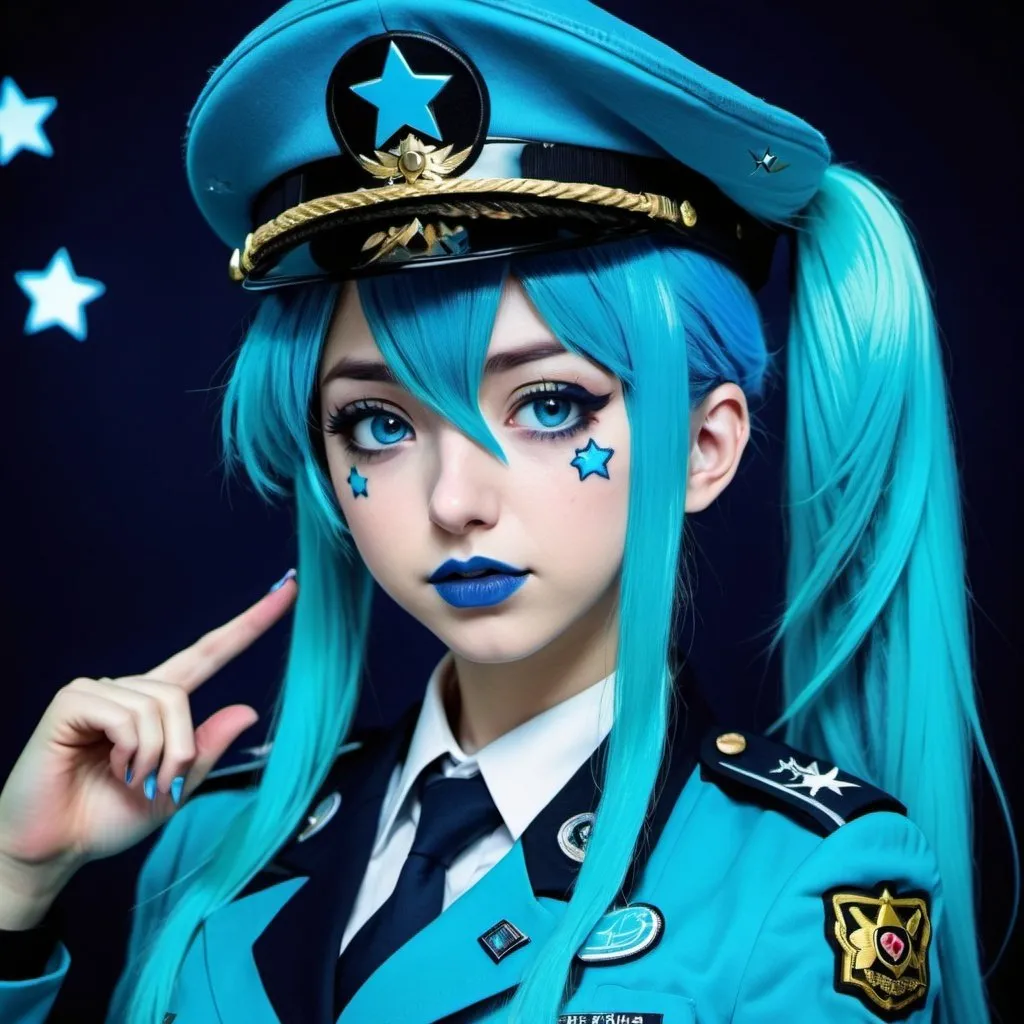 Prompt: 2010s, hatsune miku as a female officer wearing a blue beret, blue lipstick, blue makeup including blue eyeshadow and blue blush, blue hair, blue eyebrows, blue eyes, colourised, blue uniform beret, full body shot, photography, blue hearts and stars, coughing.