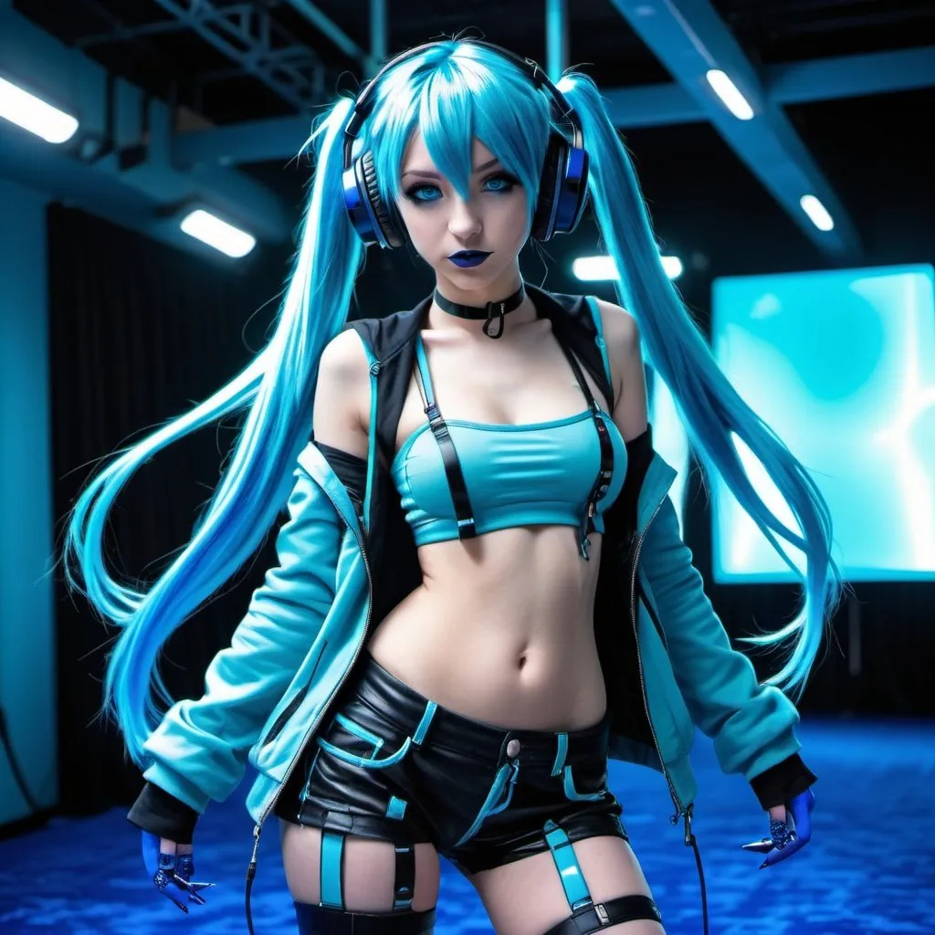 Prompt: Cyber goth hatsune miku, electronic dance, full body view, blue lipstick, blue eyes, blue eyeshadow, blue crop top, blue jacket, blue nails, blue hair, blue headphones, blue microphone, blue speakers, blue lights shining, walking the blue carpet