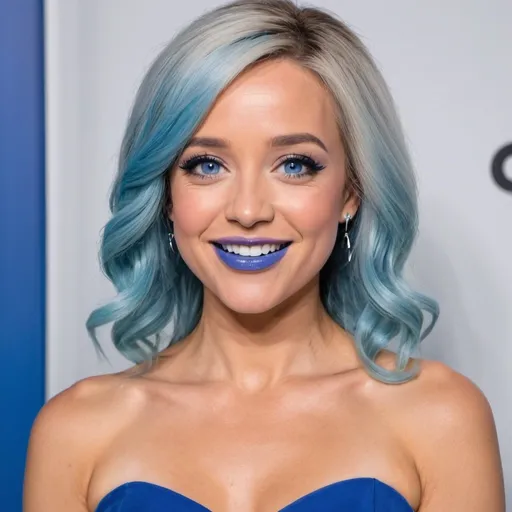 Prompt: Kayleigh McEnany with blue mullet, blue eyes, flowing blue hair, smiling lips with blue lipstick, blue dress, blue makeup, blue eyeshadow.



