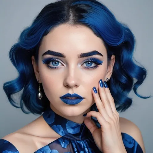 Prompt: 2020s, A woman, blue makeup, blue lipstick, blue eyes, blue hair, blue eyebrows, blue blush, blue silk pattern dress, long dark blue skirt, blue finger nails. Photograph, realistic. 