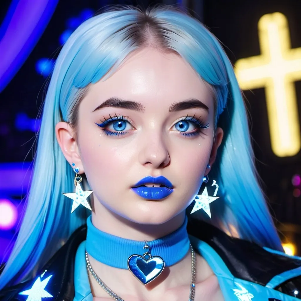 Prompt: Kim Petras, blue choker, blue eyes, blue hair, blurry, blurry background, disco, party, choker, cross, blue cross earrings, depth of concert hall, blue heart earrings, blue eyeshadow, blue lights, jacket, jewelry, k/da \(league of legends\), lips, blue lipstick, long blue hair, looking at viewer, makeup, tv screens, photo \(medium\), piercing, solo, star \(symbol\), blue star earrings, star print