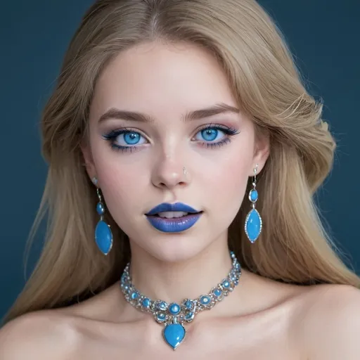 Prompt: 1girl, blue eyes, blue lips, blue skin,  colored skin, eyeshadow, jewelry, lips, lipstick, long hair, makeup, necklace, nose, solo, teeth