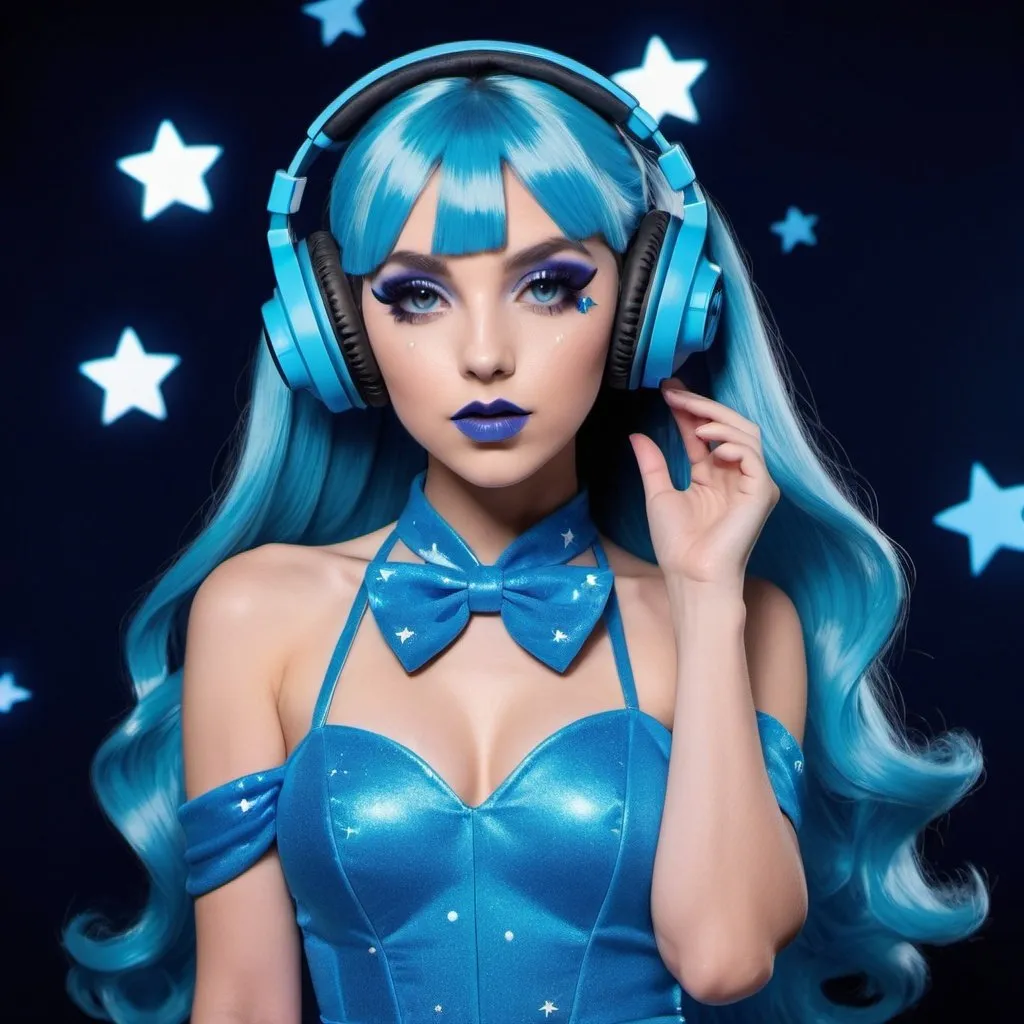 Prompt: 2020s, Dawn Pokemon as a female popstar wearing a blue headphones, aqua blue lipstick, glossy and sparkling lips, blue makeup including blue eyeshadow and blue blush, dark blue hair, blue eyebrows, blue eyes, colourised, blue plastic gown, full body shot, photography, blue hearts and stars, euphoric.